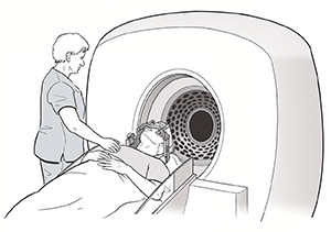 Health care provider preparing man in head restraint for gamma knife treatment.