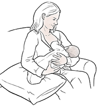 Woman breastfeeding baby in cradle hold.